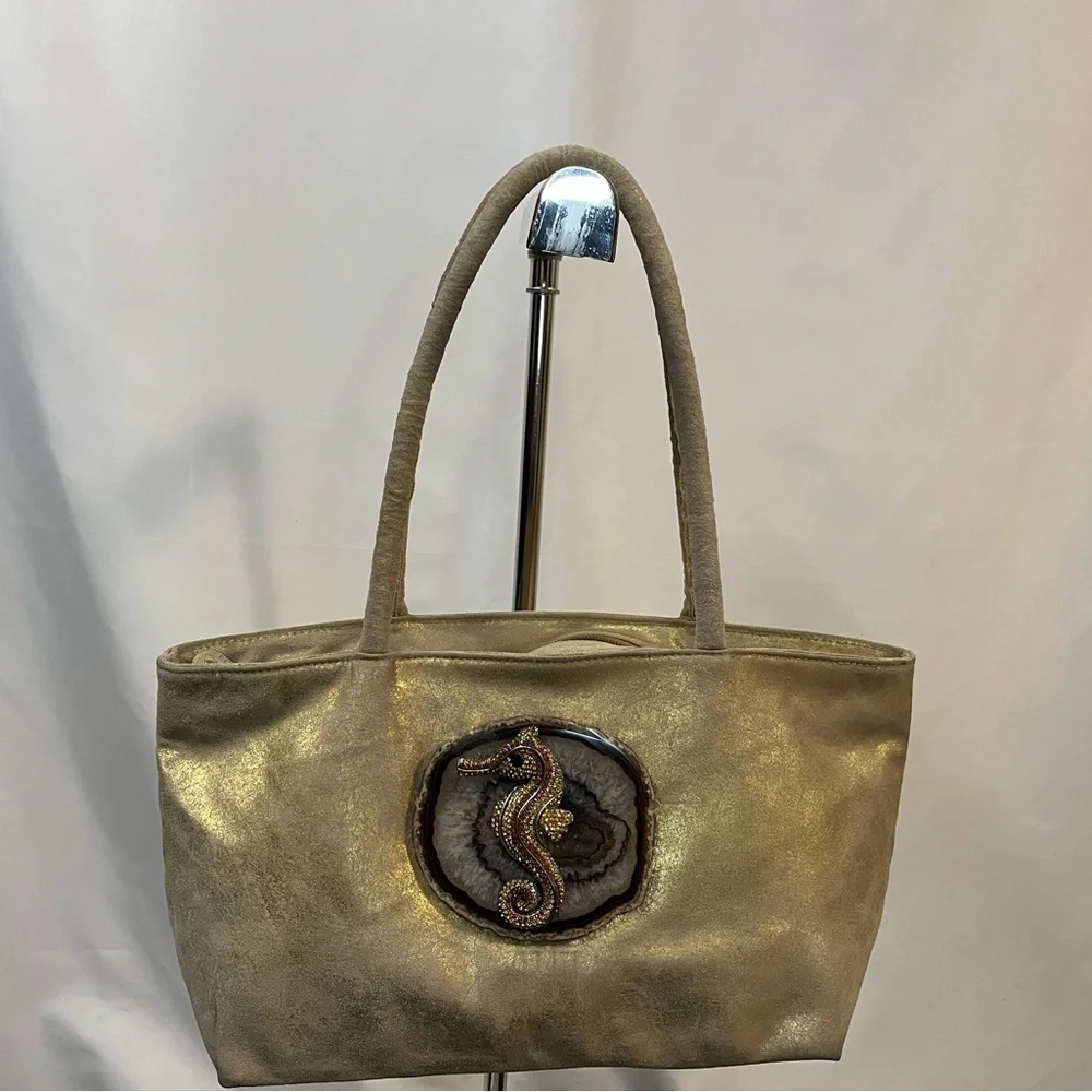 Gold Tote Bag Seahorse and Agate Slice detail. Embellished by Lynn Rosencrantz